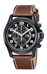 Luminox Field Valjoux Automatic Chronograph, 25 Jewel, Swiss Black Dial, Black PVD Steel Case, Tan Leather Strap (1867)