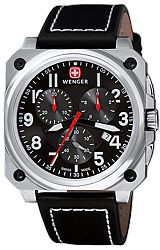 Wenger Aerograph Chrono Series of Pilot's Watches Stainless Steel case w/Black Accents, Black Dial & Leather Strap (77015)