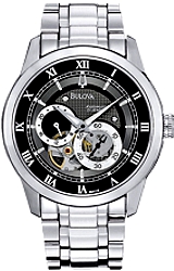 Bulova 21 Jewel Men's Automatic Mini-Complication - BVA Series 120 Watches Black Dial, Stainless Steel Case & Bracelet