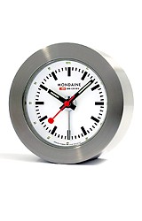 Mondaine Night Vision Travel Alarm Clock White Dial, Brushed Aluminum Case, Leather Travel Pouch