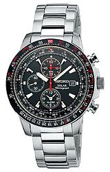 Seiko Pilot's SOLAR Flight Computer Alarm Chronographs Black Dial, Stainless Steel Case and Bracelet (SSC007)