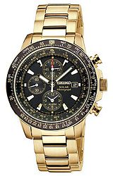 Seiko Pilot's SOLAR Flight Computer Alarm Chronographs Black Dial, Goldtone Steel Case & Bracelet (SSC008)
