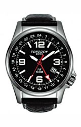 Torgoen Swiss T05 Dual Time GMT Pilot's Watches Black Dial, Black Bezel, Black Leather Strap (T05101)