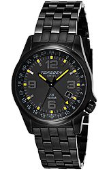 Torgoen Swiss T05 Dual Time GMT Pilot's Watches Blackout Design, Black Case, Bracelet and Dial w/Orange Highlights (T05206)