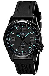 Torgoen Swiss T05 Dual Time GMT Pilot's Watches Black PVD Case, Blackout Dial w/Blue Highlights, Black Dive Strap (T05303)