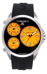 Torgoen Swiss T08 Triple Time Zone Pilot's Watch Orange Subdials, Signature Rubber Strap (T08302)