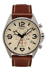 Torgoen Swiss T16 Series Professional Pilot's Chronographs Stainless Steel Case, Tan Leather Strap, Cream Dial (T16103)