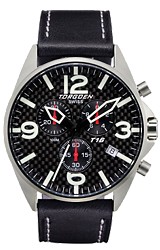 Torgoen Swiss T16 Series Professional Pilot's Chronographs Black Carbon Fiber Dial, Black Leather Strap